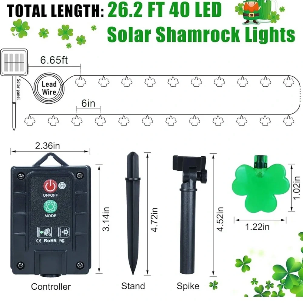 St Patricks Day Lights 26.4 FT 40 LED Solar, 8 Light Modes, Waterproof